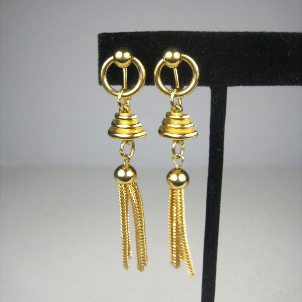 Roget Earrings CLIP ON Vintage Brushed Goldtone Modernist Dangle Statement